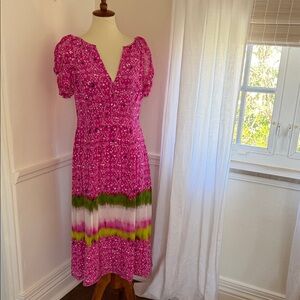 Tanya Taylor Pink Floral Midi Dress with Tie-Dye Hem